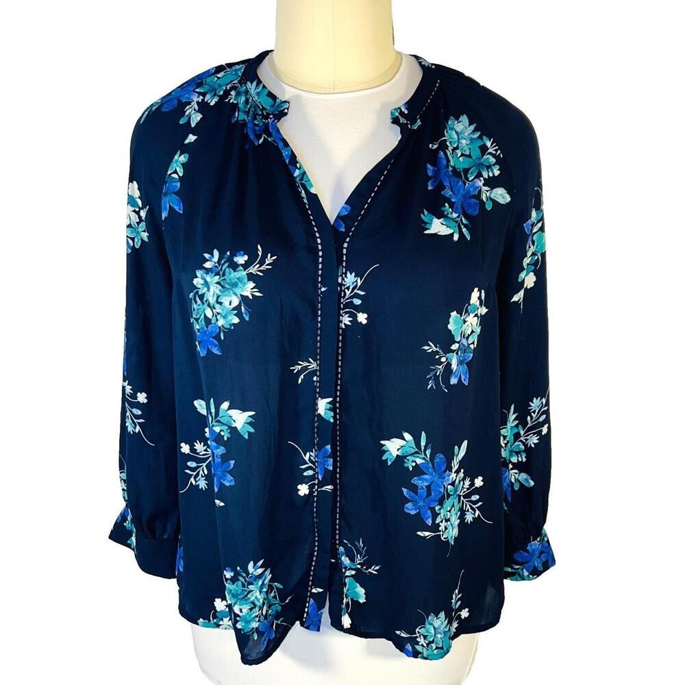 Ava & Viv - Blouse Women's 2X Navy Purple Green Floral Button Up V-Neck